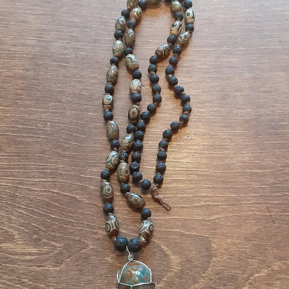 AWESOME- Bloodstone/ DZI Agate/ Black Lava Stone/ Hemp- Knotted Necklace - Picture 3 of 9